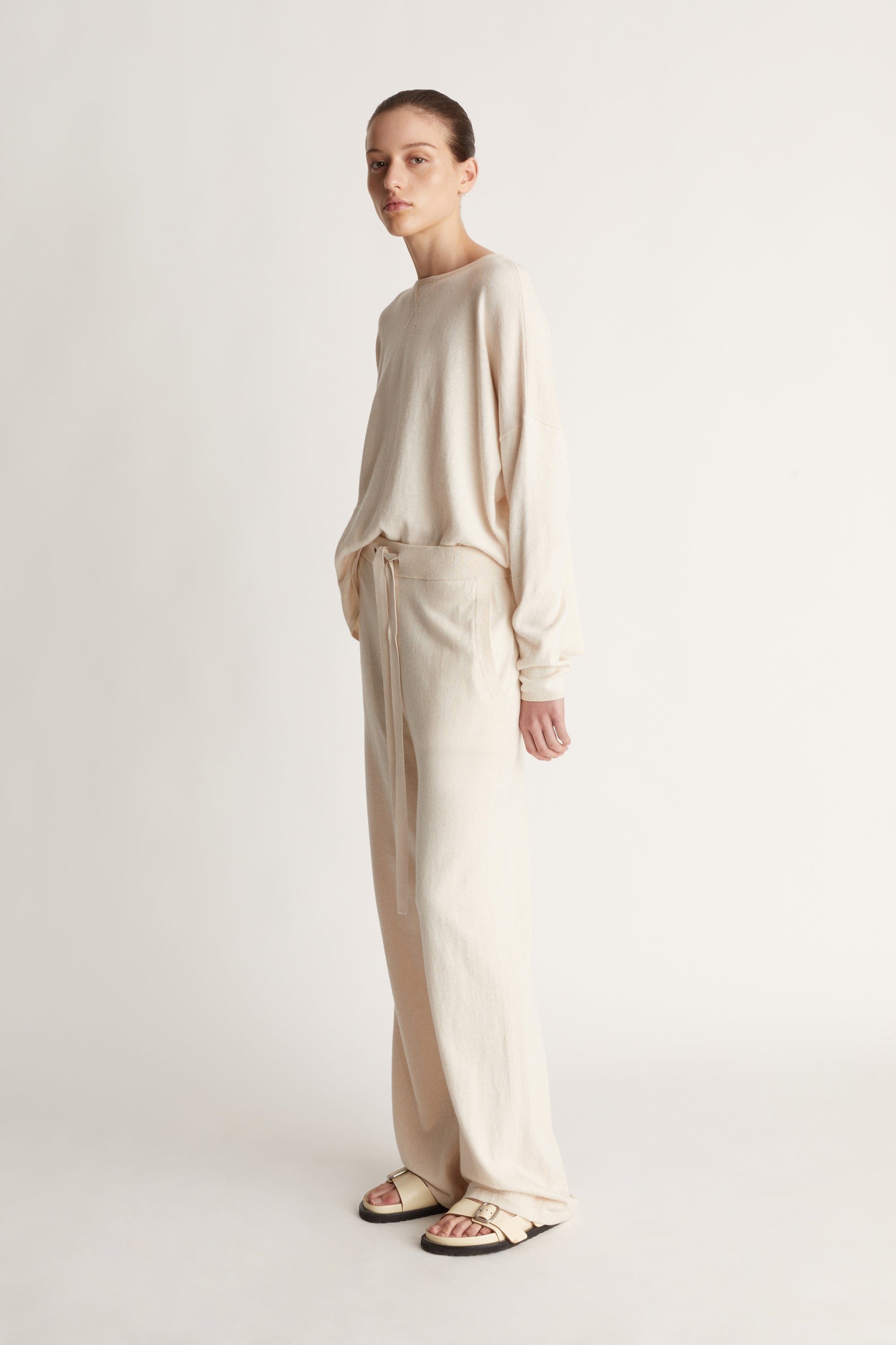 Cotton Cashmere Wide Leg Pant in Oat