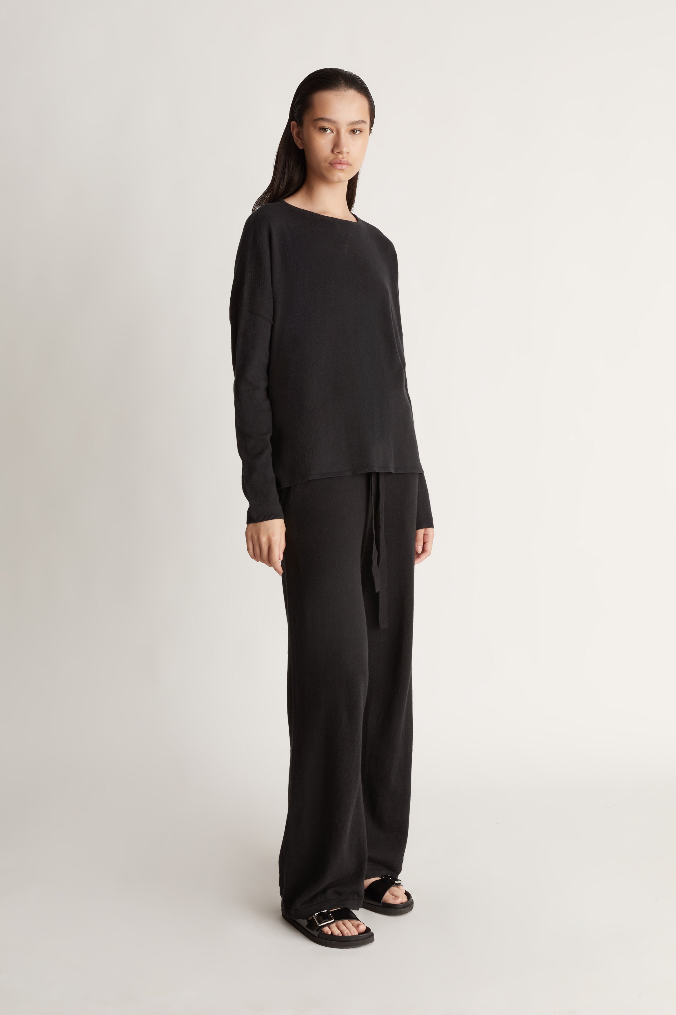 Cotton Cashmere LS Boxy Knit in Black