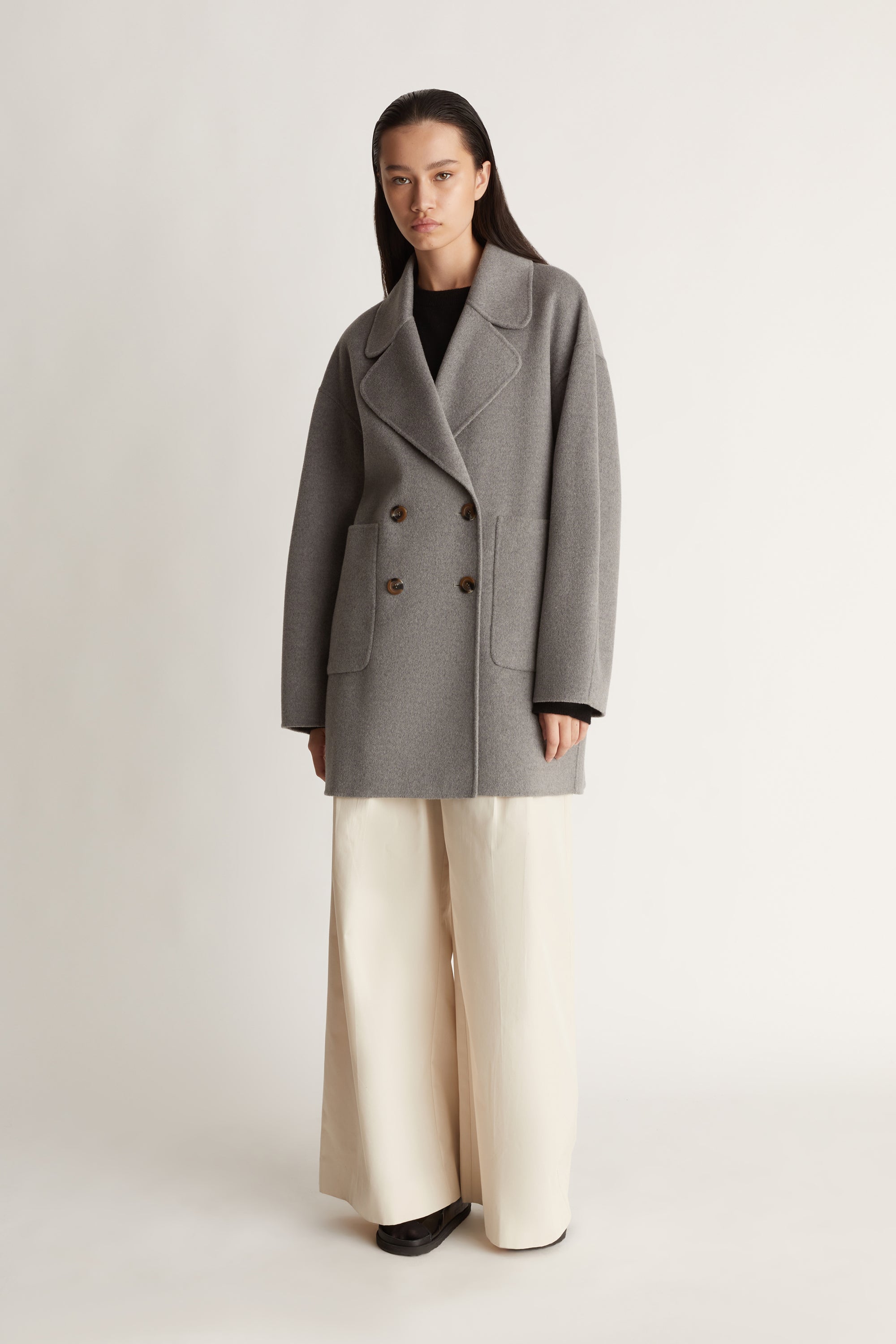 Florentine Cashmere Pea Coat in Grey Marle