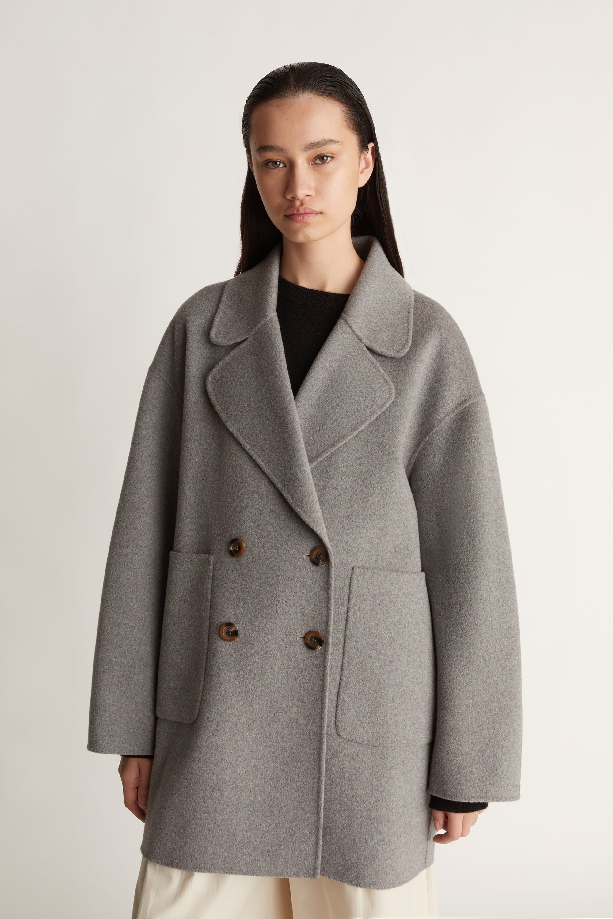 Florentine Cashmere Pea Coat in Grey Marle