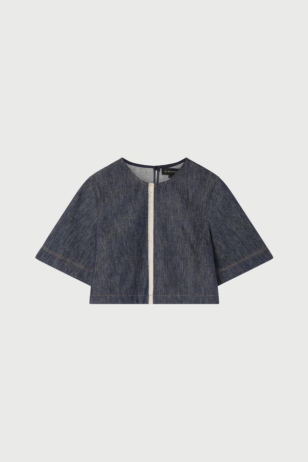 Denim top in indigo light gray background
