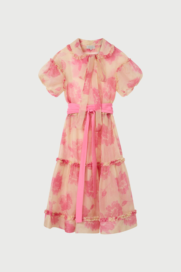 Pink floral dress with a belt on a white background