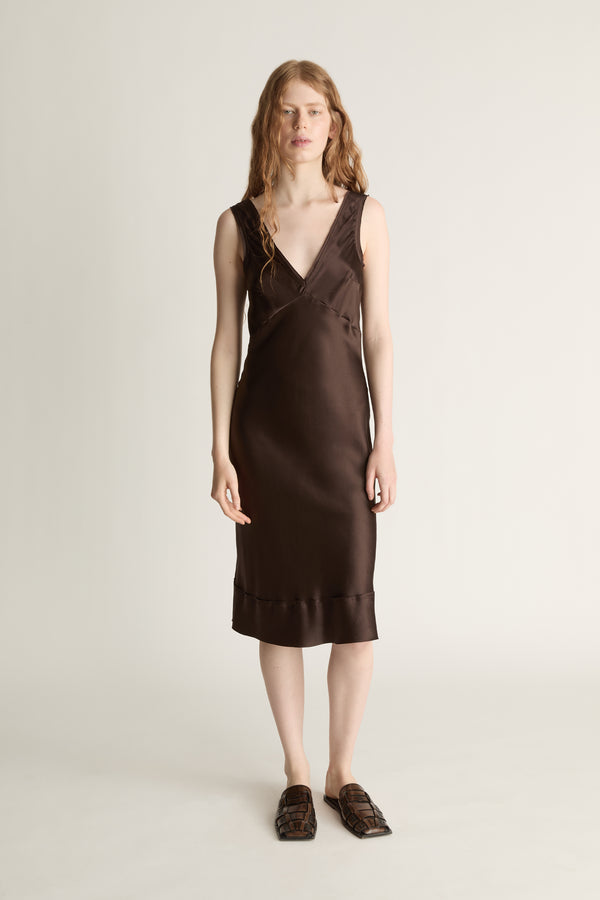 Woman wearing a brown dress on a plain background
